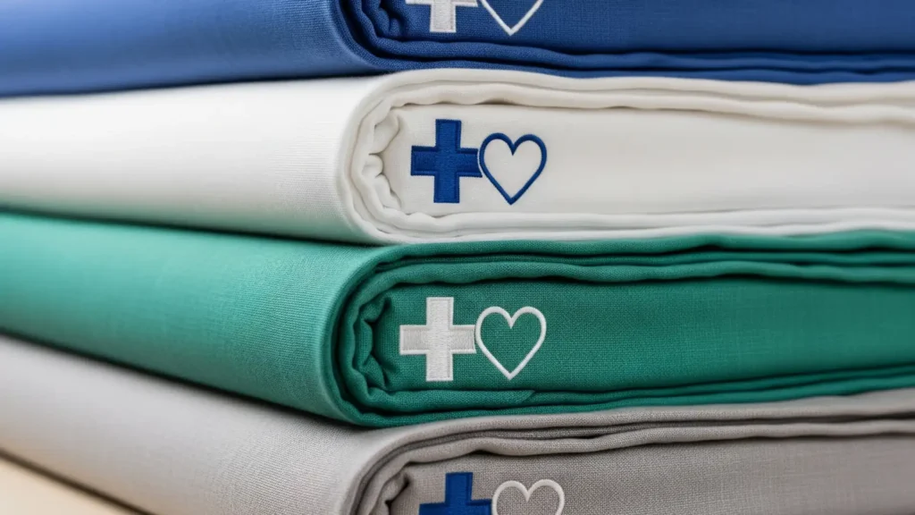 Pile de linge médical plié en bleu, blanc, vert et gris, avec un symbole de croix et de cœur brodé