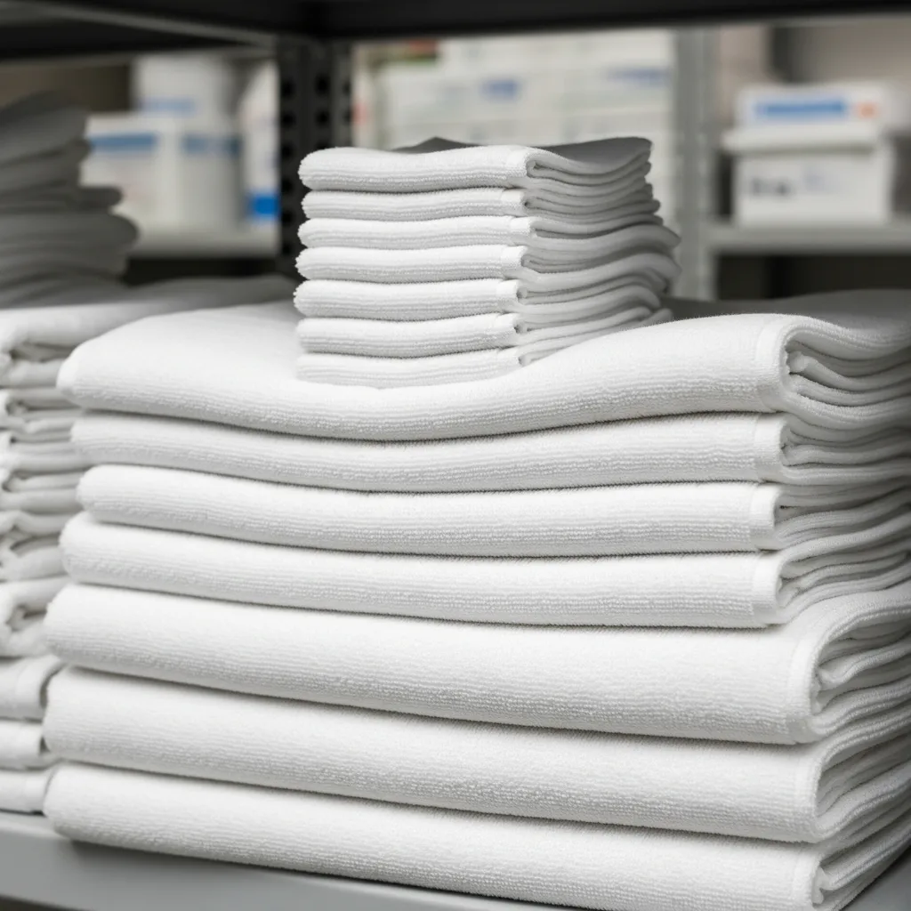 Pile de serviettes blanches pliées dans une salle de soins