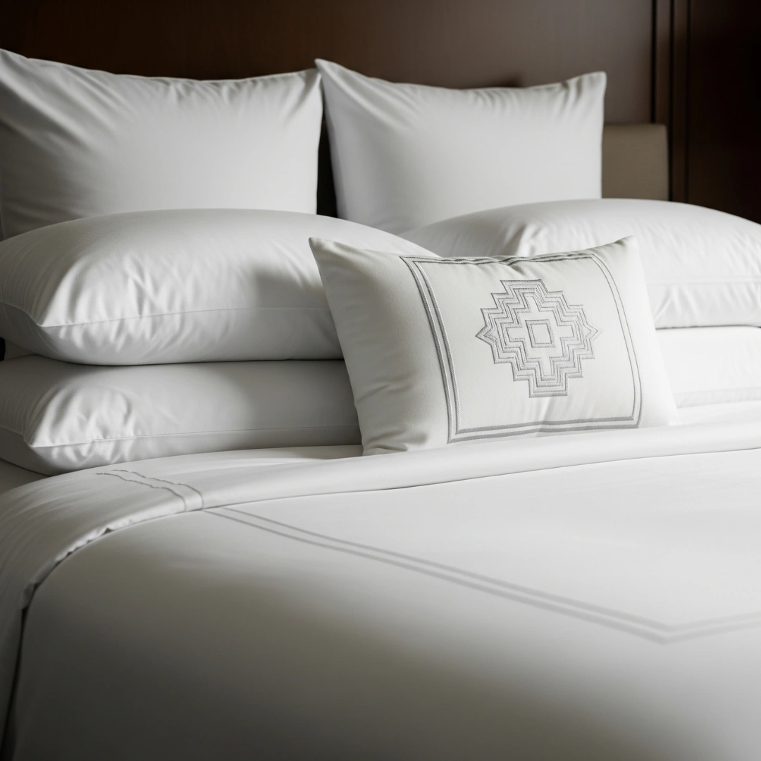 Un lit d'hôtel haut de gamme avec plusieurs oreillers blancs, une couette pliée et un éclairage chaleureux. Le focus est sur la propreté et la texture des textiles.